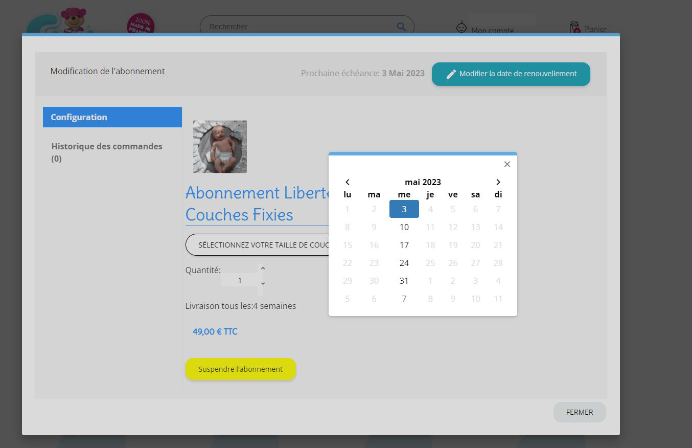 Changer date livraison abonnement couches écologiques Fixies